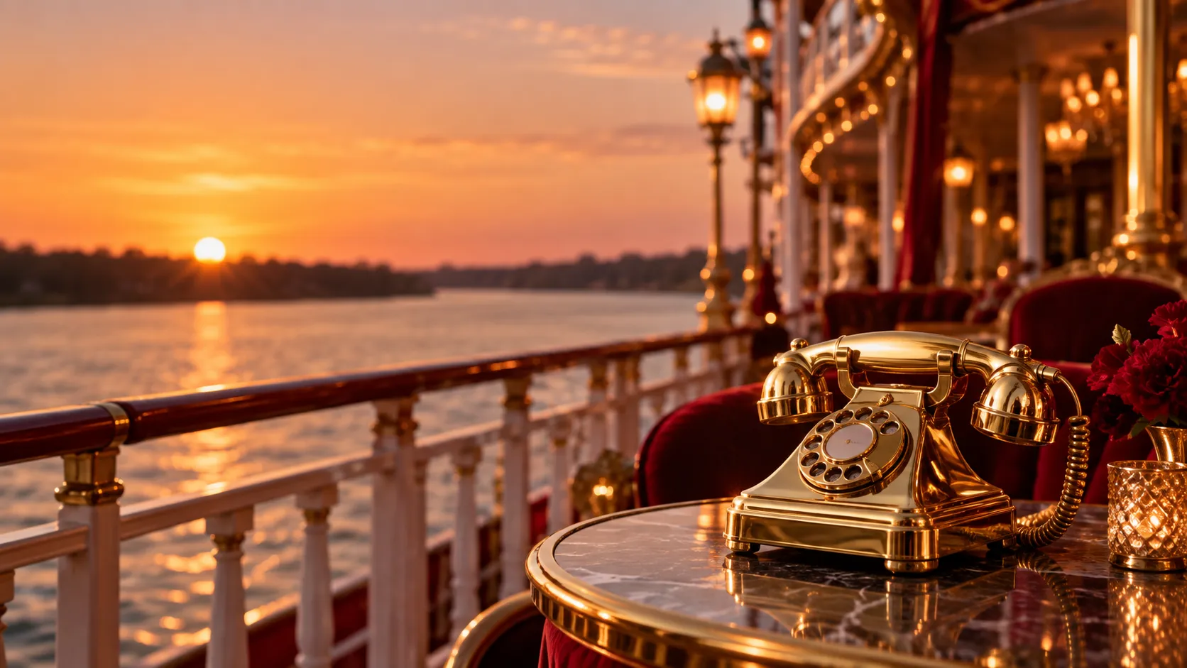 A gold vintage telephone on a riverboat casino deck at dusk