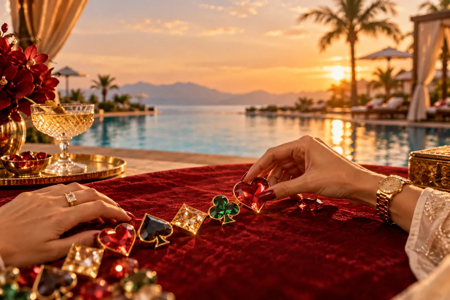 Hands arranging glowing gem-shaped pokie symbols on a poolside cabana table