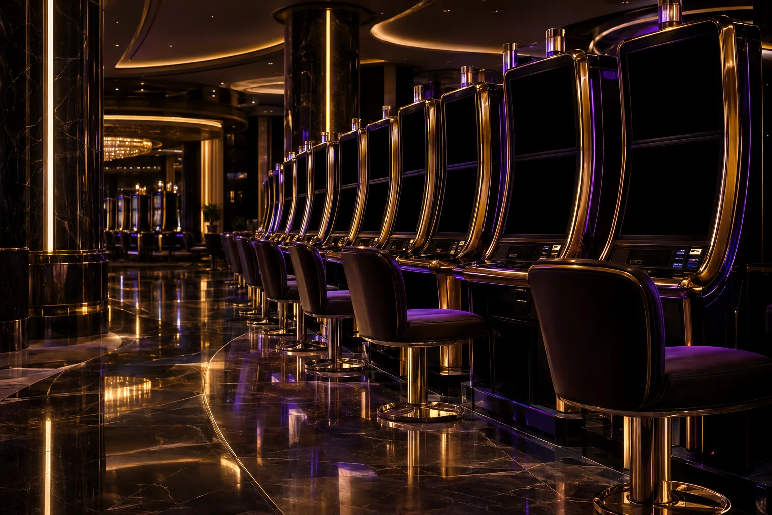 Rows of illuminated pokie machines on a casino floor