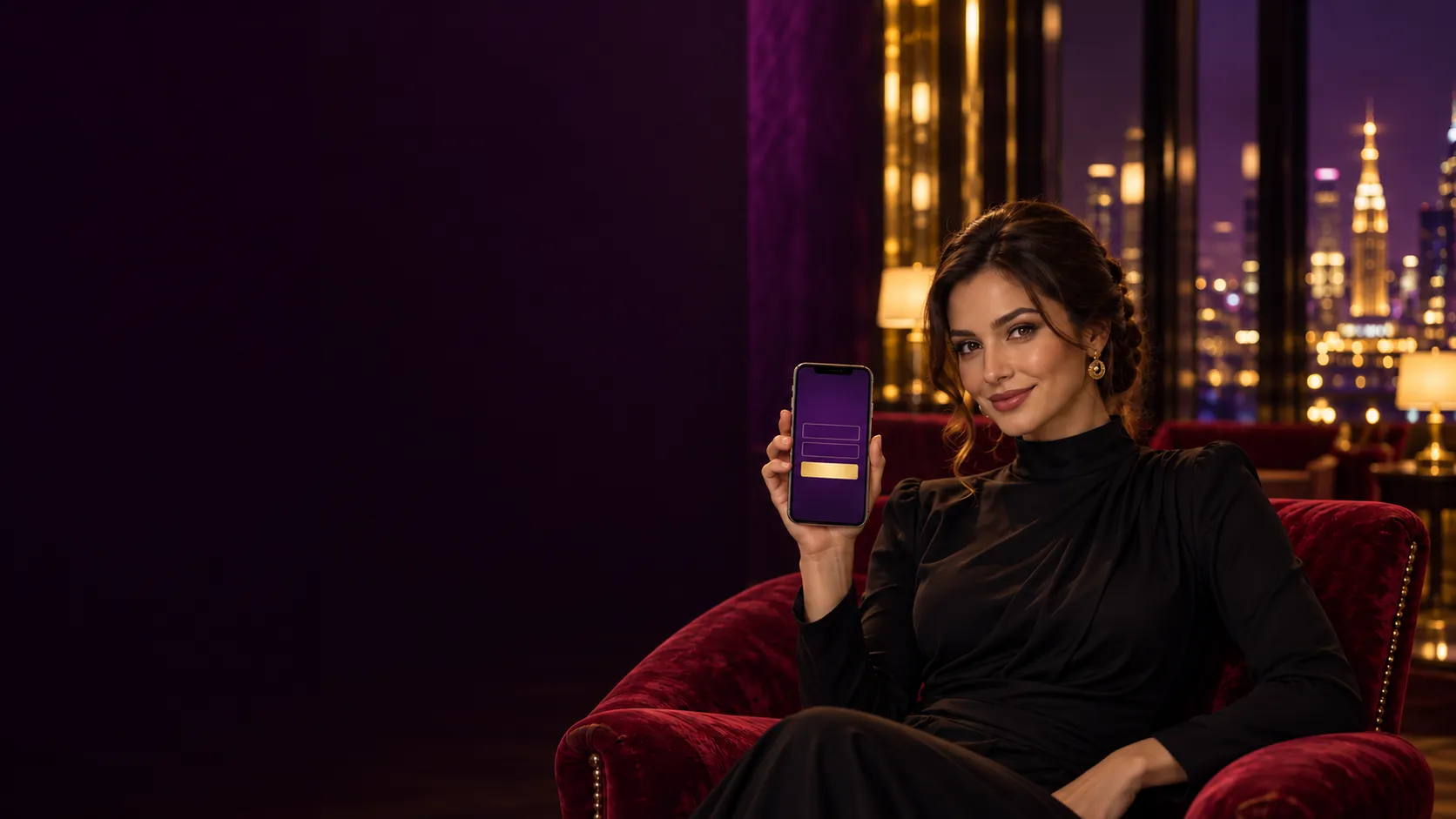 Woman in an evening dress smiling as she signs in to Here2Win Casino on her phone in a golden casino lounge