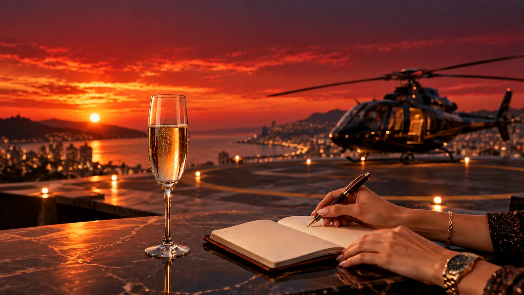 Hands resting beside a champagne glass and notebook at dusk, setting the scene for this Here2Win Casino review