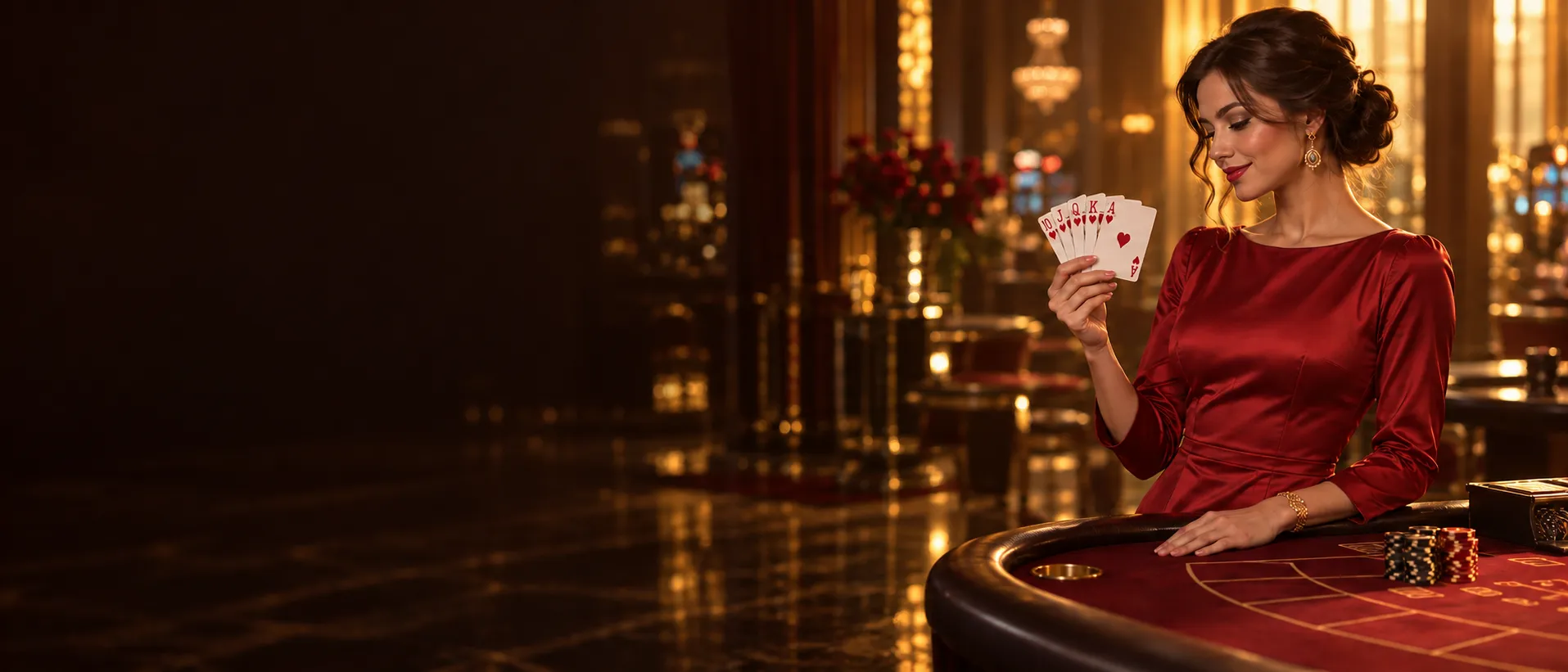 Woman at a blackjack pit fanning a royal-flush hand of cards under warm casino floor lights