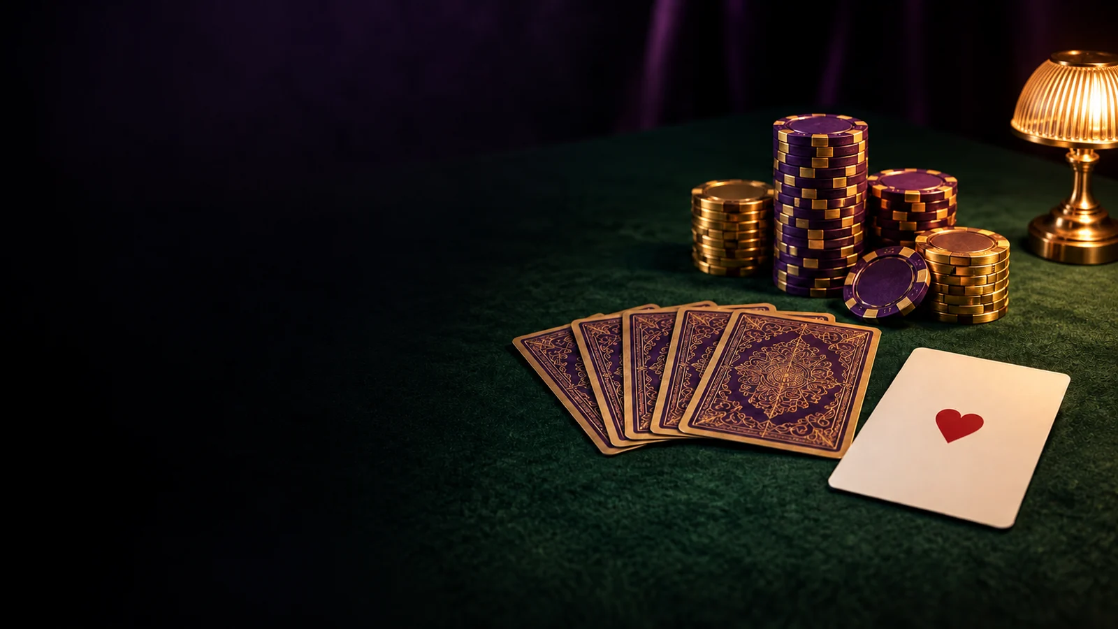 Chips and fanned playing cards arranged on green felt