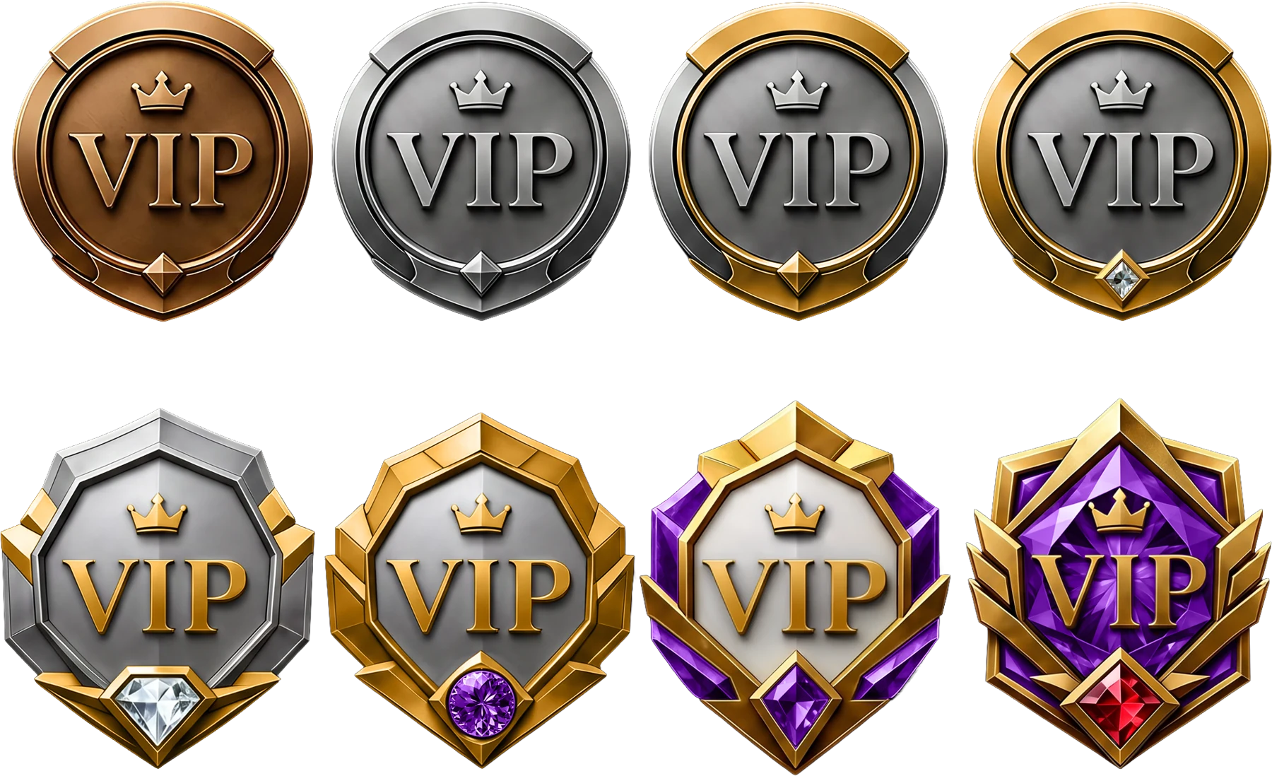 Set of round verification-style badges in bronze, silver and gold tones