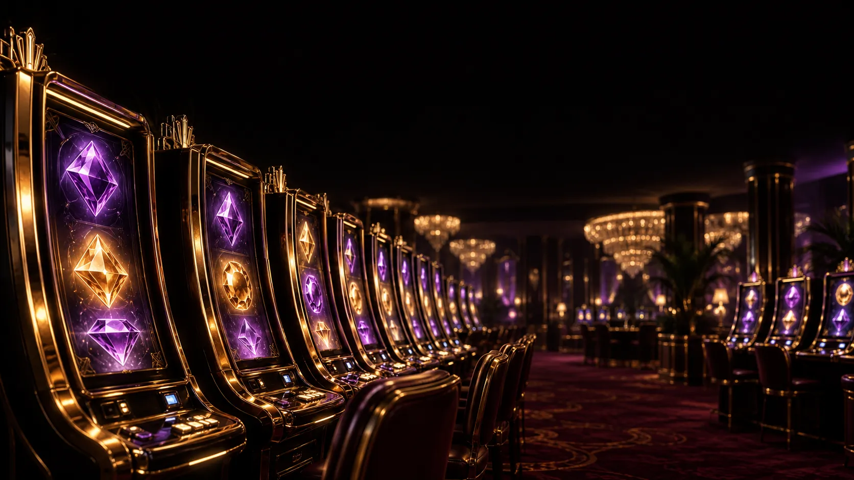 Row of glowing slot cabinets on a dark casino floor