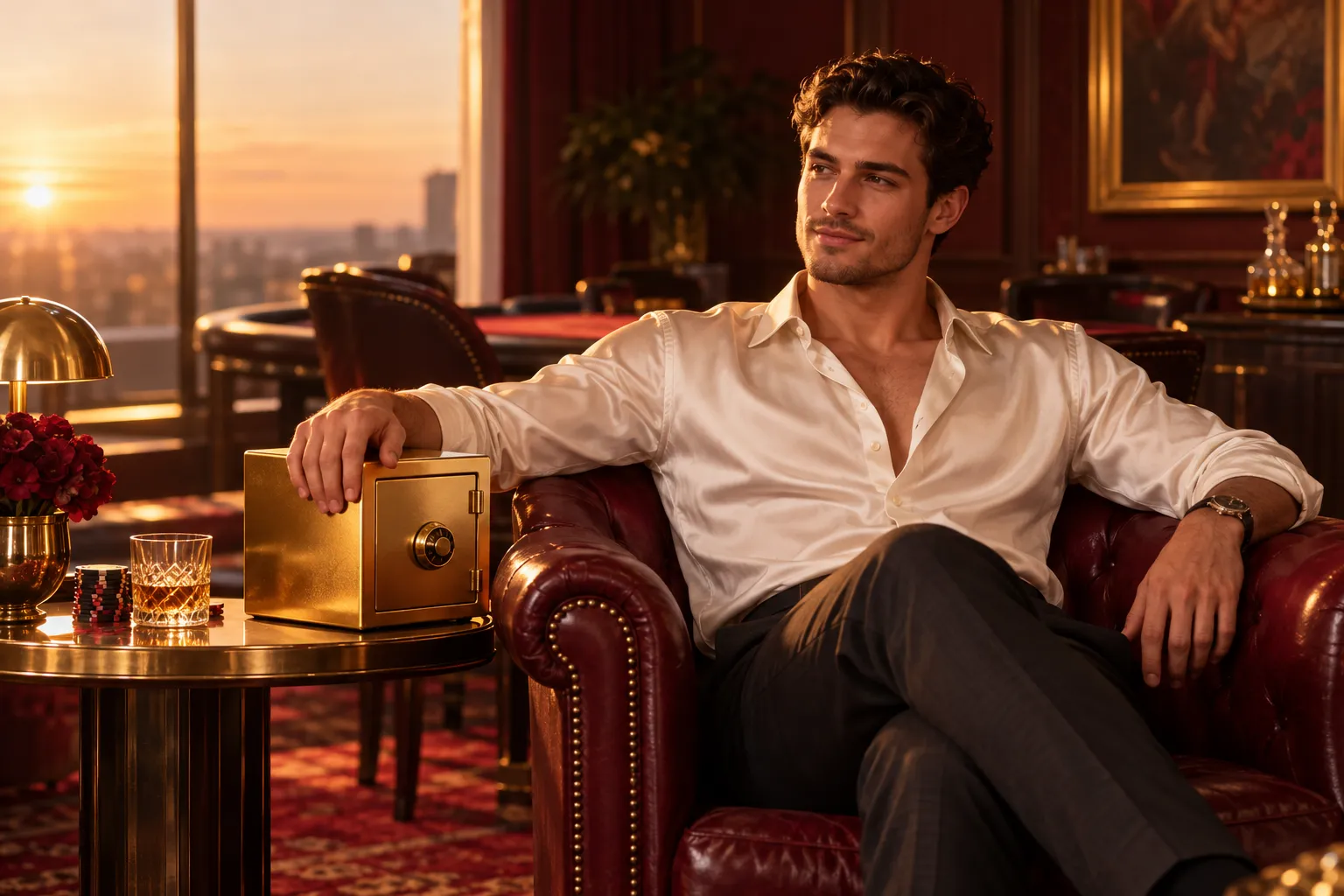 Man beside a small gold safe in an exclusive poker lounge, symbolising secure Here2Win Casino payments