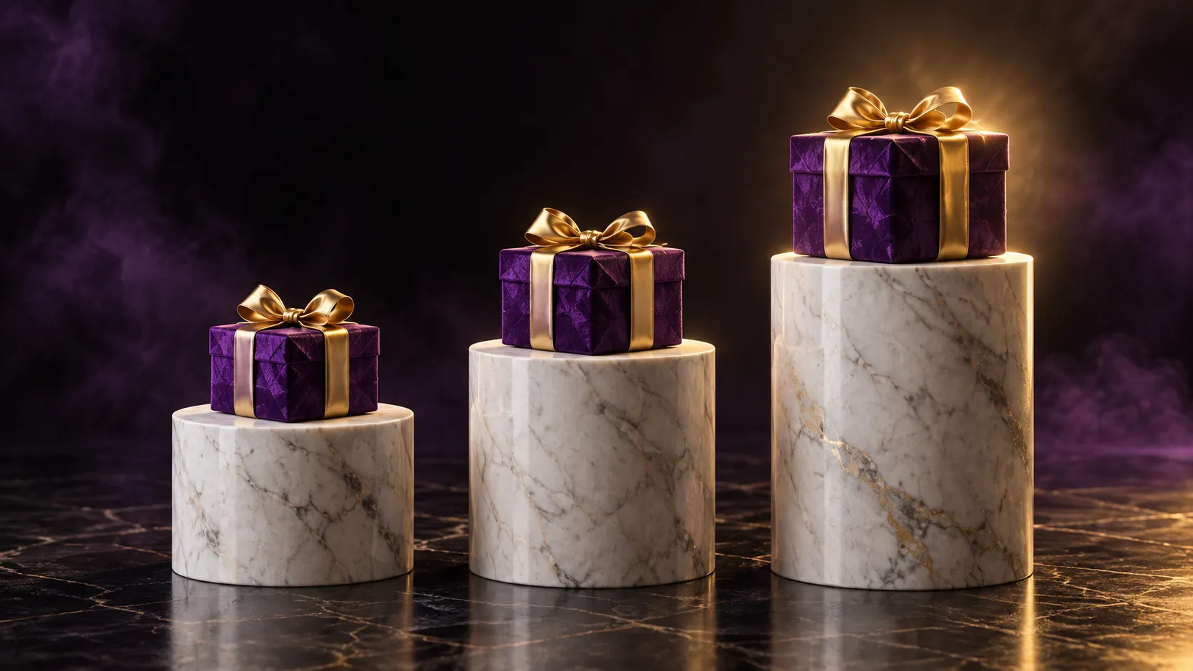 Illuminated plinths representing the staged steps of the Here2Win Casino welcome package